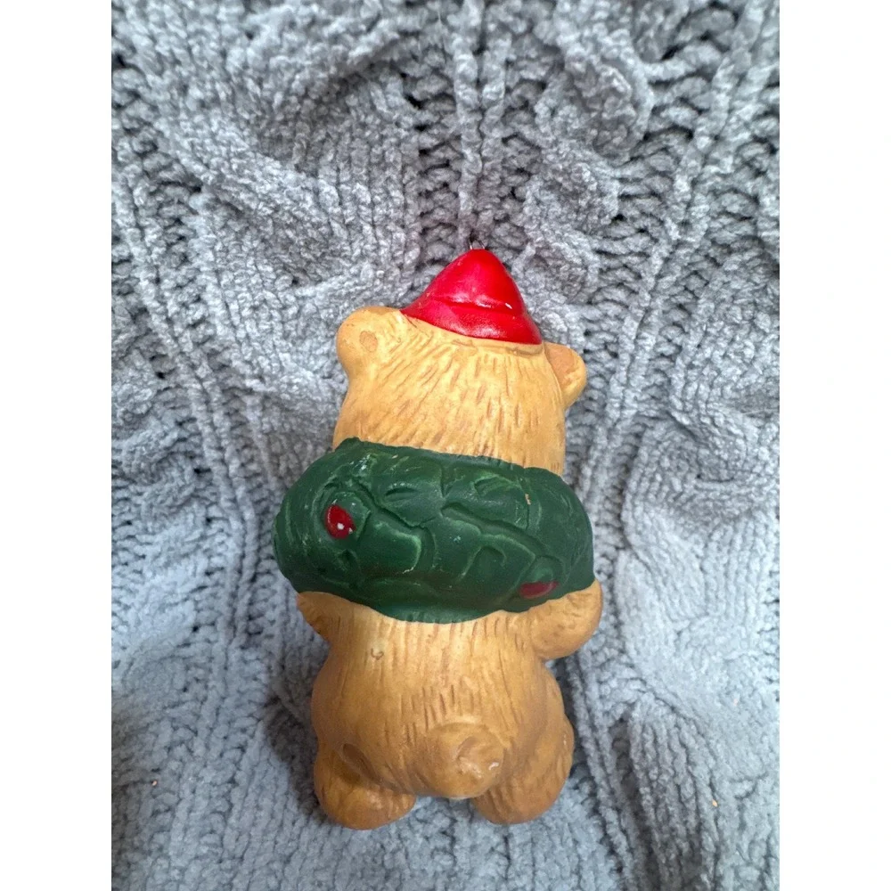 Vintage Ceramic Christmas Teddy Bear Ornament with Wreath and Red Hat‎ Holiday